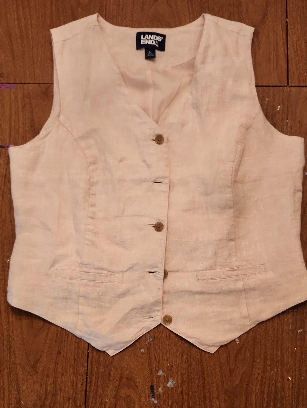 Lands' End Women's Cream Linen Button-Front Vest Large